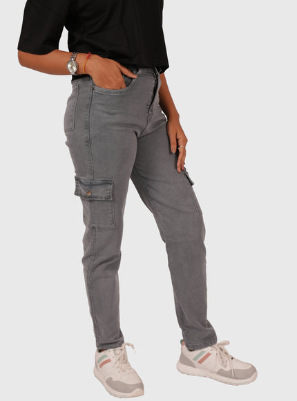 Women’s Grey Full-Length Straight Fit Stretchable Cargo Jeans