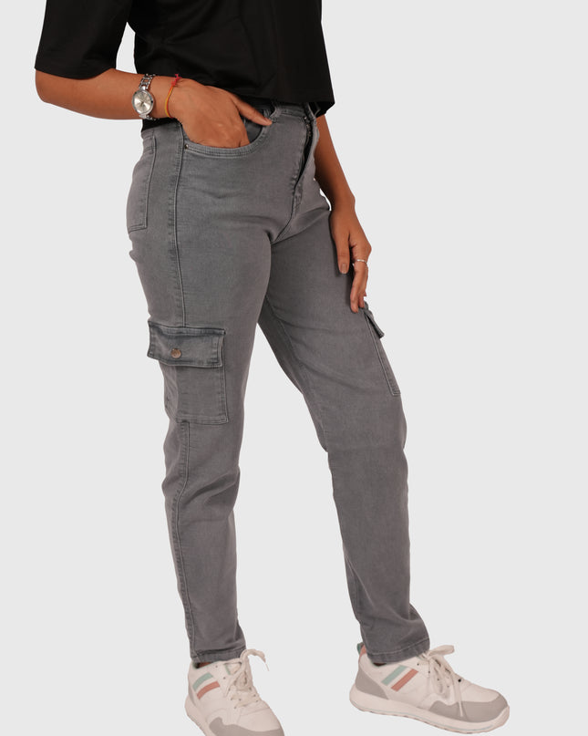 Women’s Grey Full-Length Straight Fit Stretchable Cargo Jeans
