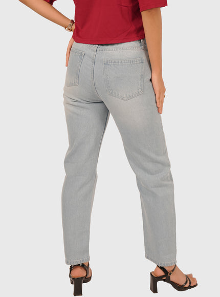 Women’s Light Wash Blue Elastic Waist Mom Fit Torn Jeans