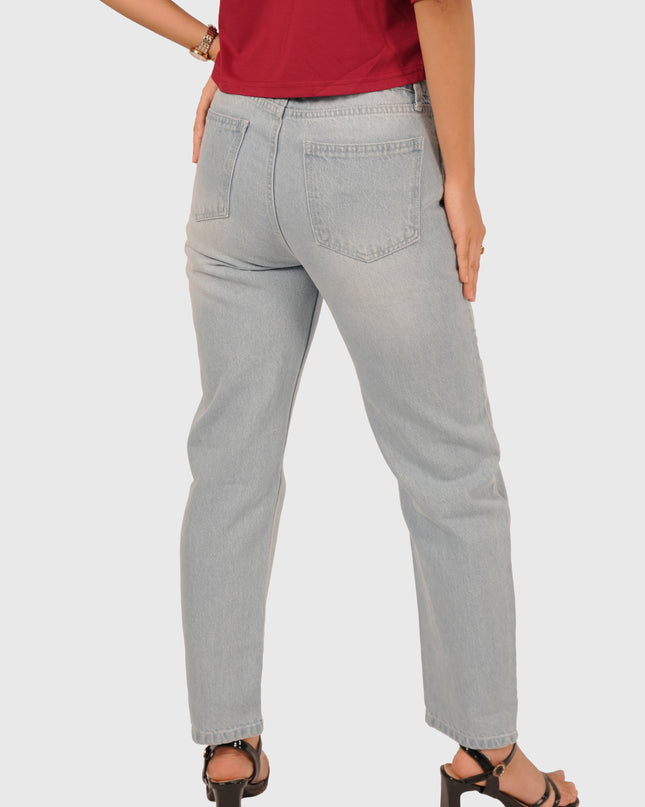 Women’s Light Wash Blue Elastic Waist Mom Fit Torn Jeans