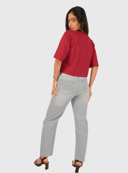 Women’s Light Wash Blue Elastic Waist Mom Fit Torn Jeans