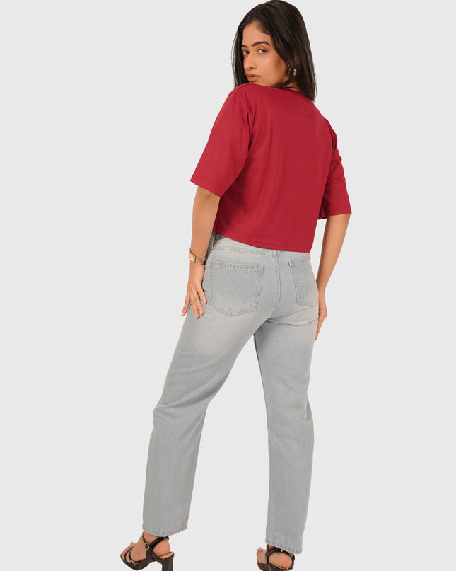 Women’s Light Wash Blue Elastic Waist Mom Fit Torn Jeans