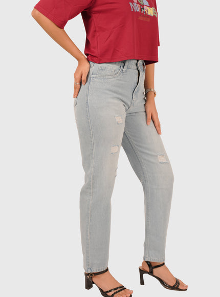 Women’s Light Wash Blue Elastic Waist Mom Fit Torn Jeans