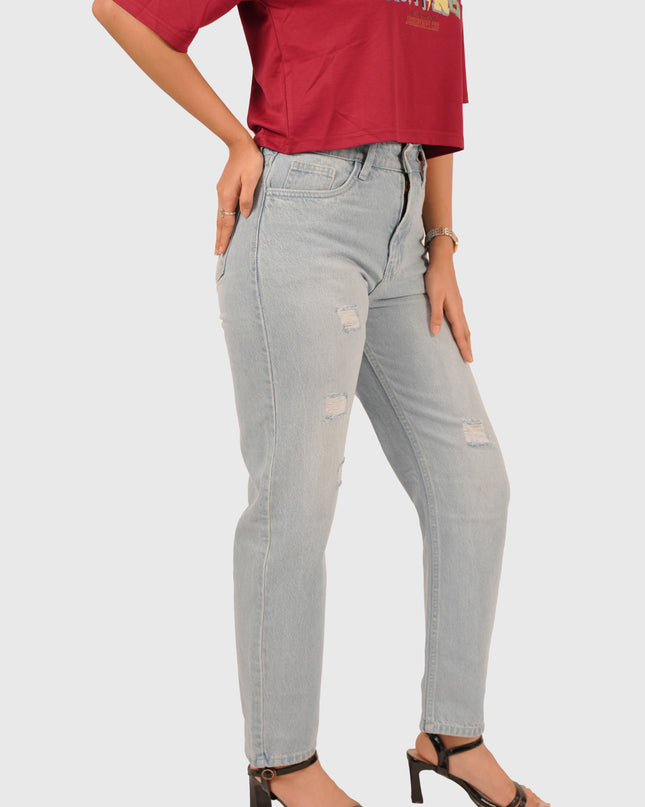 Women’s Light Wash Blue Elastic Waist Mom Fit Torn Jeans