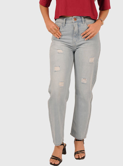 Women’s Light Wash Blue Elastic Waist Mom Fit Torn Jeans