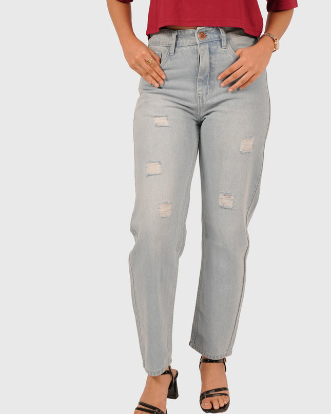 Women’s Light Wash Blue Elastic Waist Mom Fit Torn Jeans