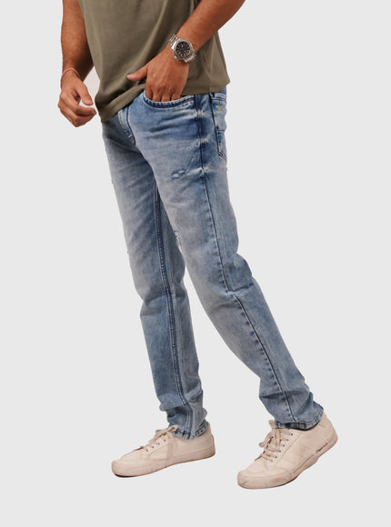 Men’s Light Blue Narrow Fit Distressed Jeans – Stretchable Denim