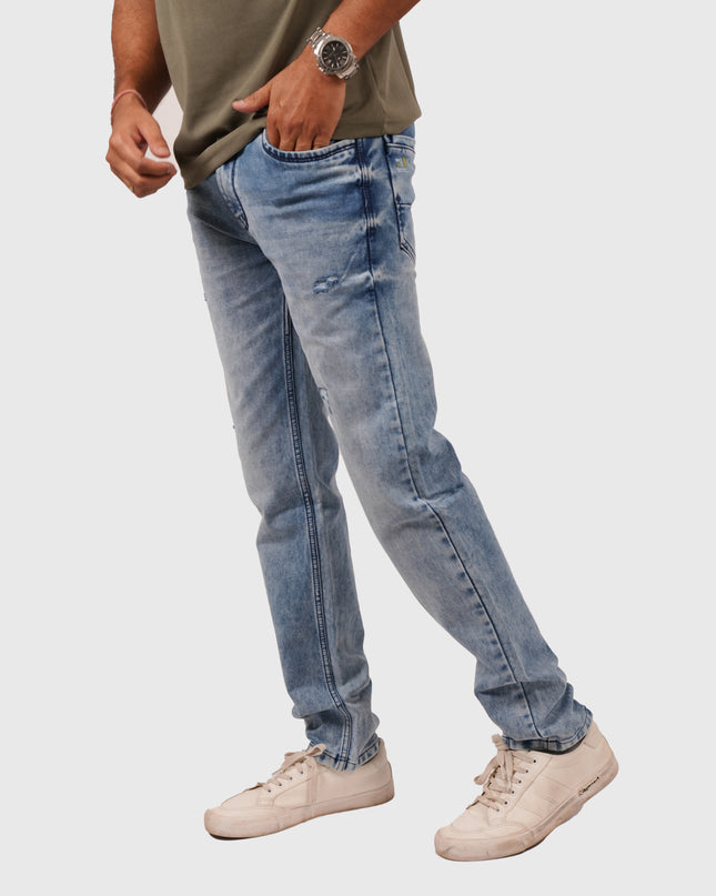 Men’s Light Blue Narrow Fit Distressed Jeans – Stretchable Denim