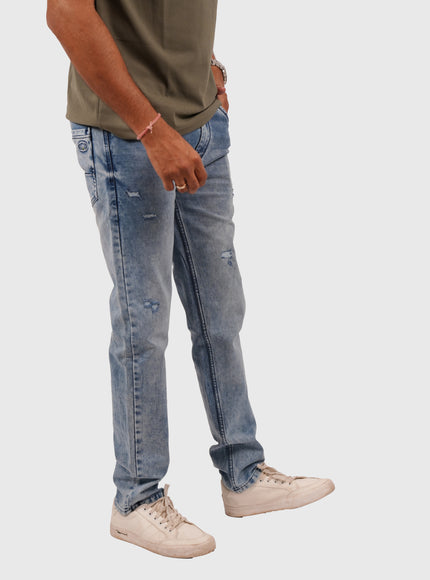 Men’s Light Blue Narrow Fit Distressed Jeans – Stretchable Denim