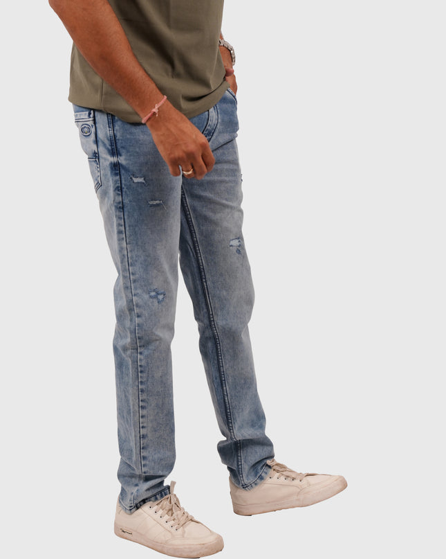 Men’s Light Blue Narrow Fit Distressed Jeans – Stretchable Denim