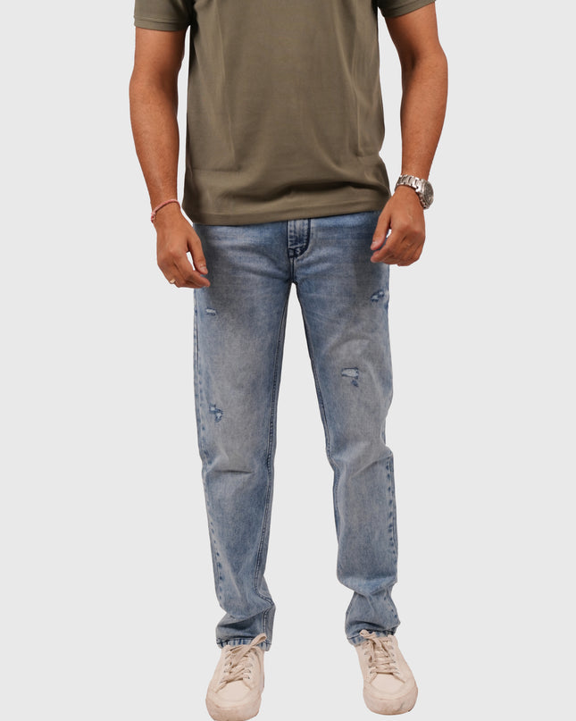 Men’s Light Blue Narrow Fit Distressed Jeans – Stretchable Denim