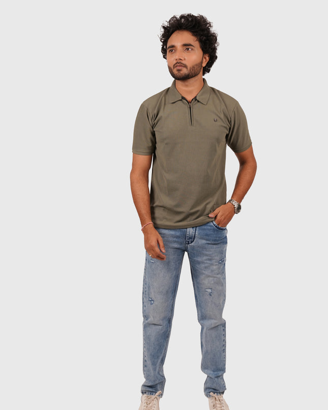 Men’s Olive Green Polo T-Shirt with Zip Collar – Casual Regular Fit