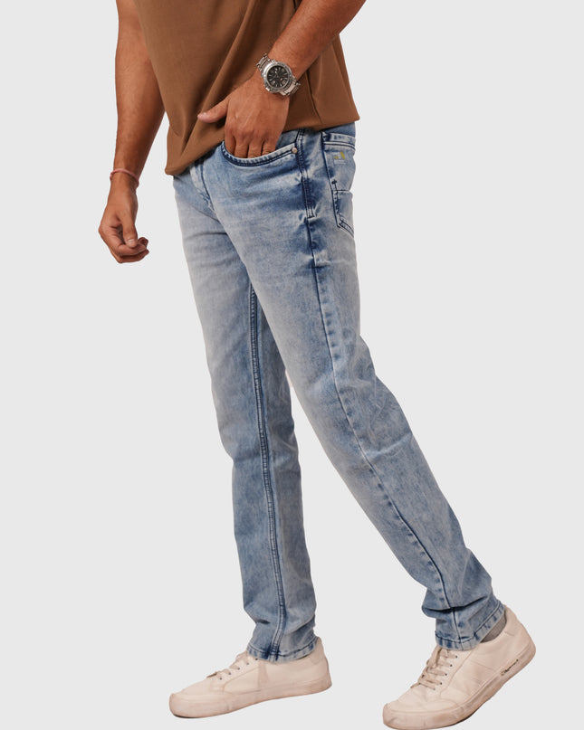 Men’s Light Blue Acid Wash Comfort Fit Knitted Jeans