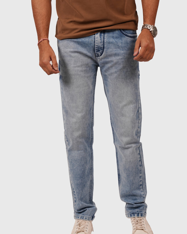 Men’s Light Blue Acid Wash Comfort Fit Knitted Jeans
