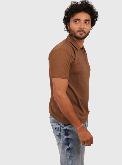 Men’s Brown Polo T-Shirt with Zip Collar – Casual Regular Fit