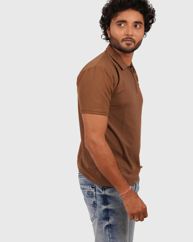 Men’s Brown Polo T-Shirt with Zip Collar – Casual Regular Fit