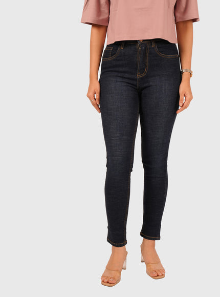 Women’s Dark Blue Stretchable Ankle-Length Jeans – Blue Hint with White Wash