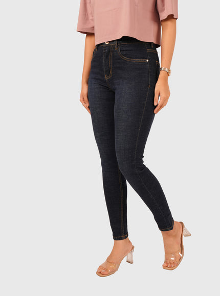 Women’s Dark Blue Stretchable Ankle-Length Jeans – Blue Hint with White Wash
