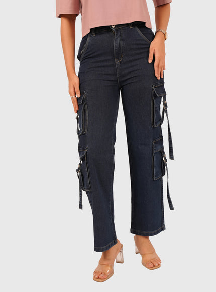 Women’s Blue Full-Length Stretchable Cargo Jeans