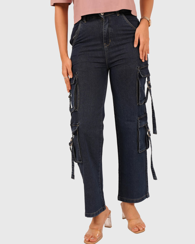Women’s Blue Full-Length Stretchable Cargo Jeans