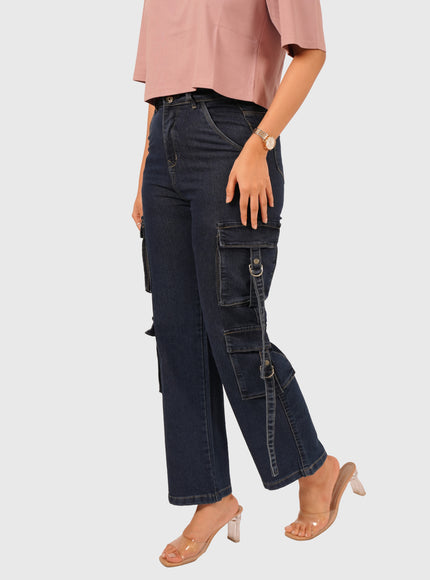 Women’s Blue Full-Length Stretchable Cargo Jeans
