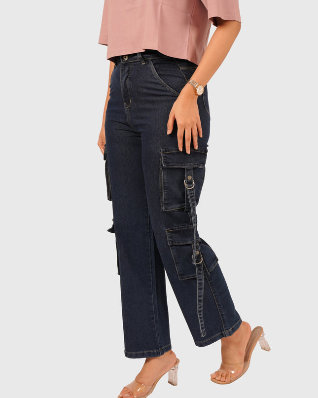 Women’s Blue Full-Length Stretchable Cargo Jeans