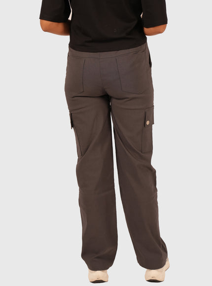 Women’s Charcoal Grey Straight Fit Cargo Korean Pants – Stretchable