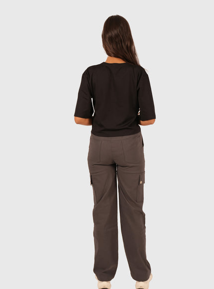 Women’s Charcoal Grey Straight Fit Cargo Korean Pants – Stretchable