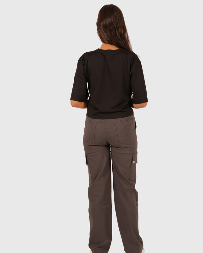 Women’s Charcoal Grey Straight Fit Cargo Korean Pants – Stretchable