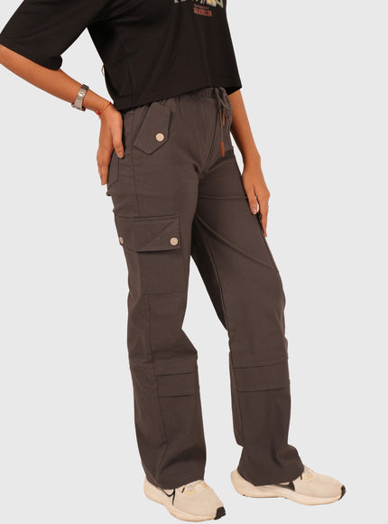 Women’s Charcoal Grey Straight Fit Cargo Korean Pants – Stretchable