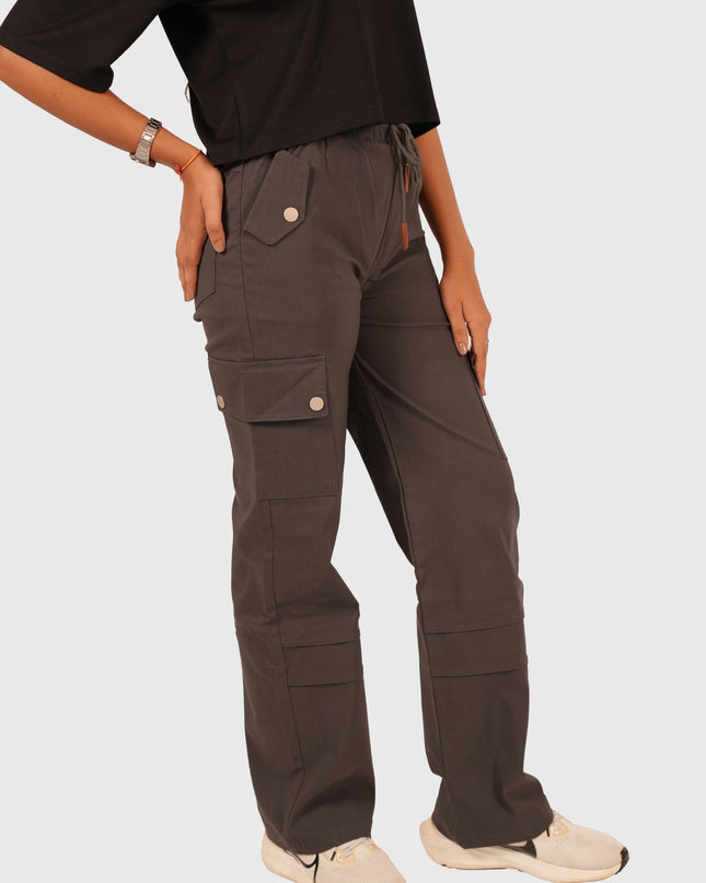 Women’s Charcoal Grey Straight Fit Cargo Korean Pants – Stretchable