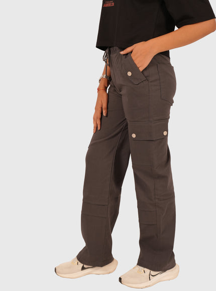 Women’s Charcoal Grey Straight Fit Cargo Korean Pants – Stretchable