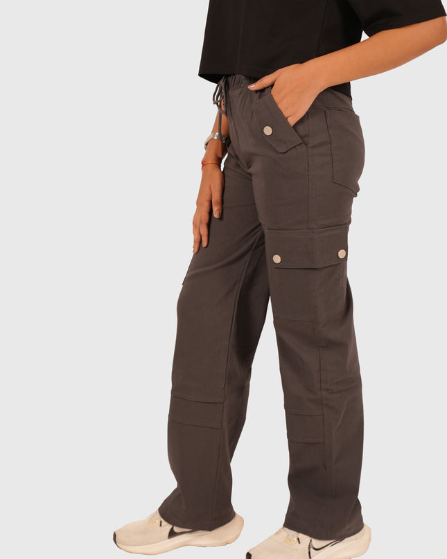 Women’s Charcoal Grey Straight Fit Cargo Korean Pants – Stretchable