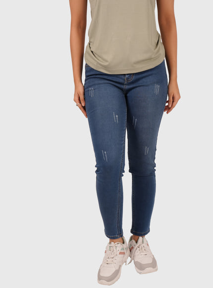 Women’s Mid Blue Stretchable Damaged Jeans – Blue Hint with White Wash