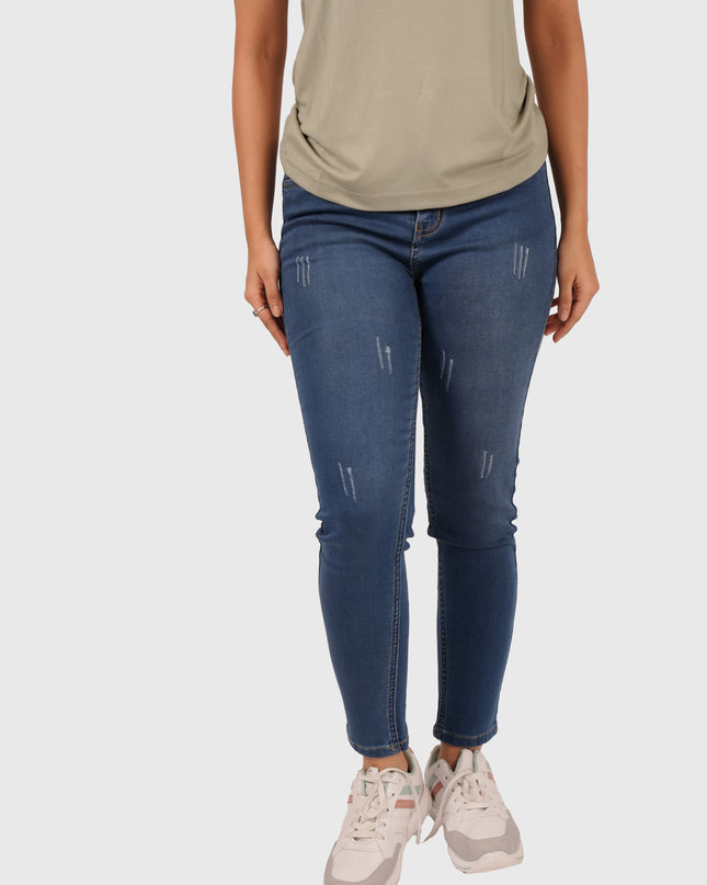 Women’s Mid Blue Stretchable Damaged Jeans – Blue Hint with White Wash