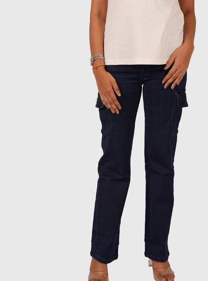 Women’s Deep Navy Blue 6-Pocket Full-Length Cargo Jeans
