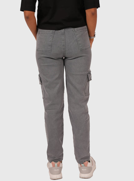Women’s Grey Full-Length Straight Fit Stretchable Cargo Jeans