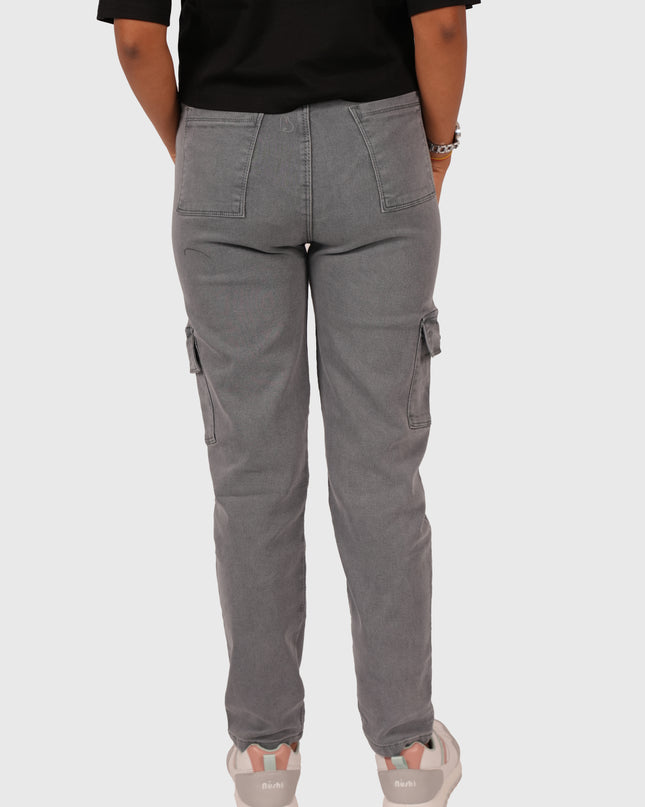 Women’s Grey Full-Length Straight Fit Stretchable Cargo Jeans