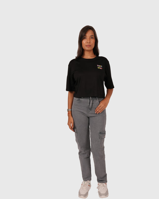 Women’s Grey Full-Length Straight Fit Stretchable Cargo Jeans