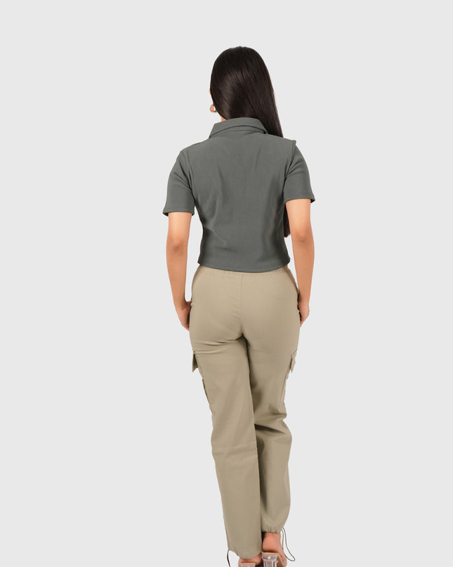 Women’s Olive Green Polo Crop T-Shirt with Button