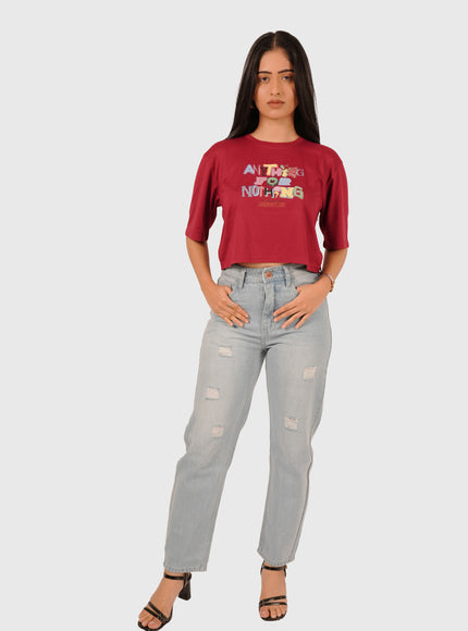 Women’s Light Wash Blue Elastic Waist Mom Fit Torn Jeans