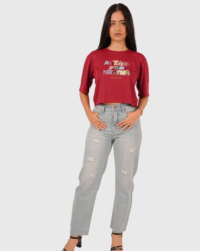 Women’s Light Wash Blue Elastic Waist Mom Fit Torn Jeans