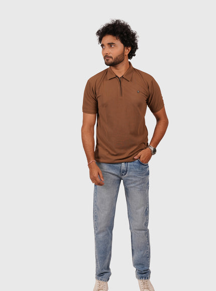 Men’s Brown Polo T-Shirt with Zip Collar – Casual Regular Fit