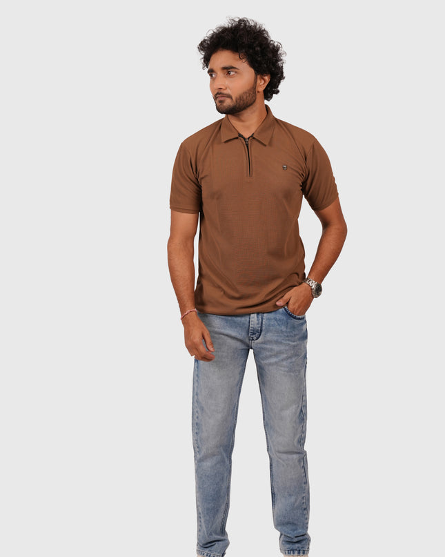 Men’s Brown Polo T-Shirt with Zip Collar – Casual Regular Fit
