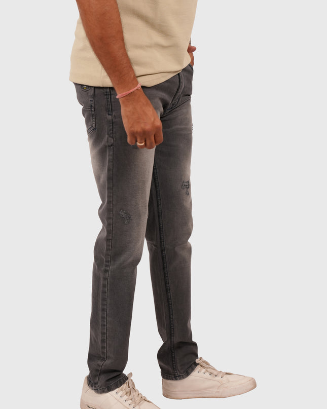 Men’s Dark Grey Narrow Fit Distressed Jeans – Stretchable Denim