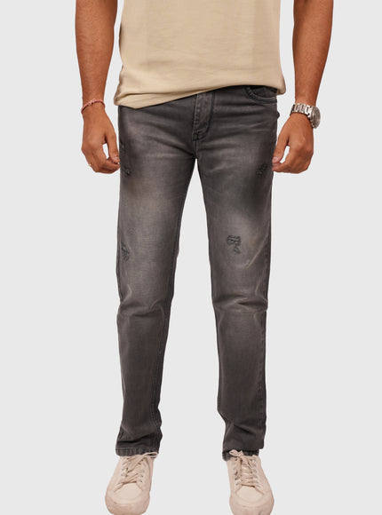 Men’s Dark Grey Narrow Fit Distressed Jeans – Stretchable Denim