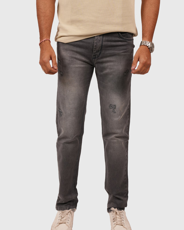 Men’s Dark Grey Narrow Fit Distressed Jeans – Stretchable Denim