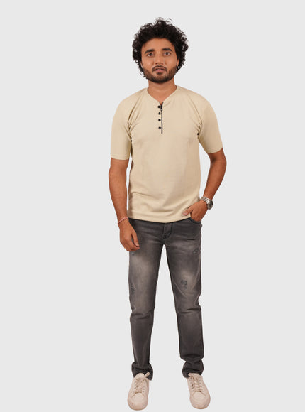 Men’s Nude Beige Half-Zip Casual T-Shirt