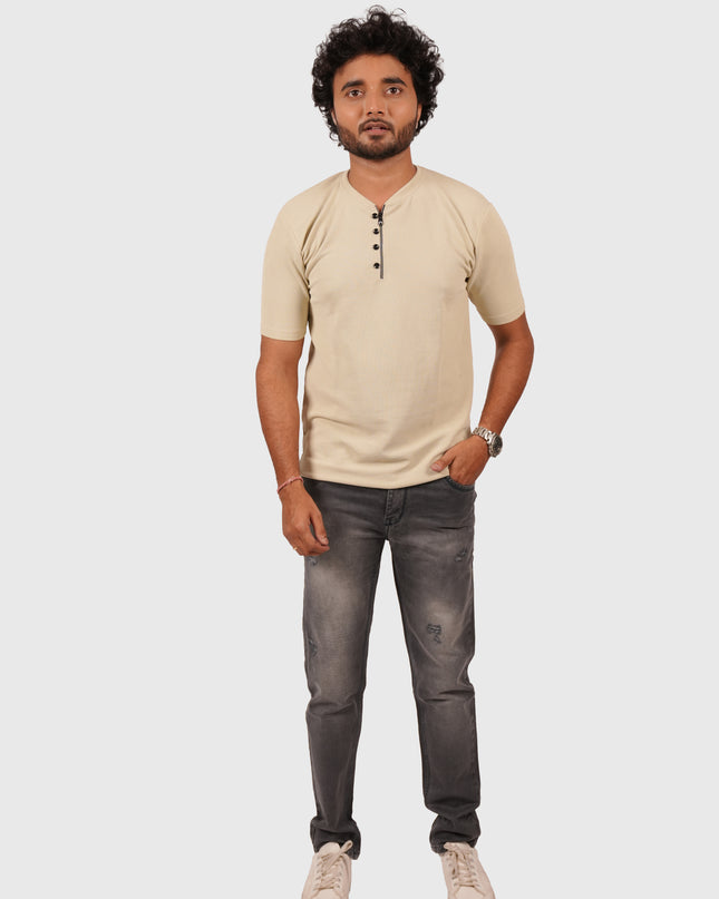Men’s Nude Beige Half-Zip Casual T-Shirt