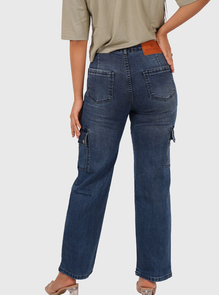 Women’s Dark Blue Straight Fit Stretchable Cargo Denim Jeans